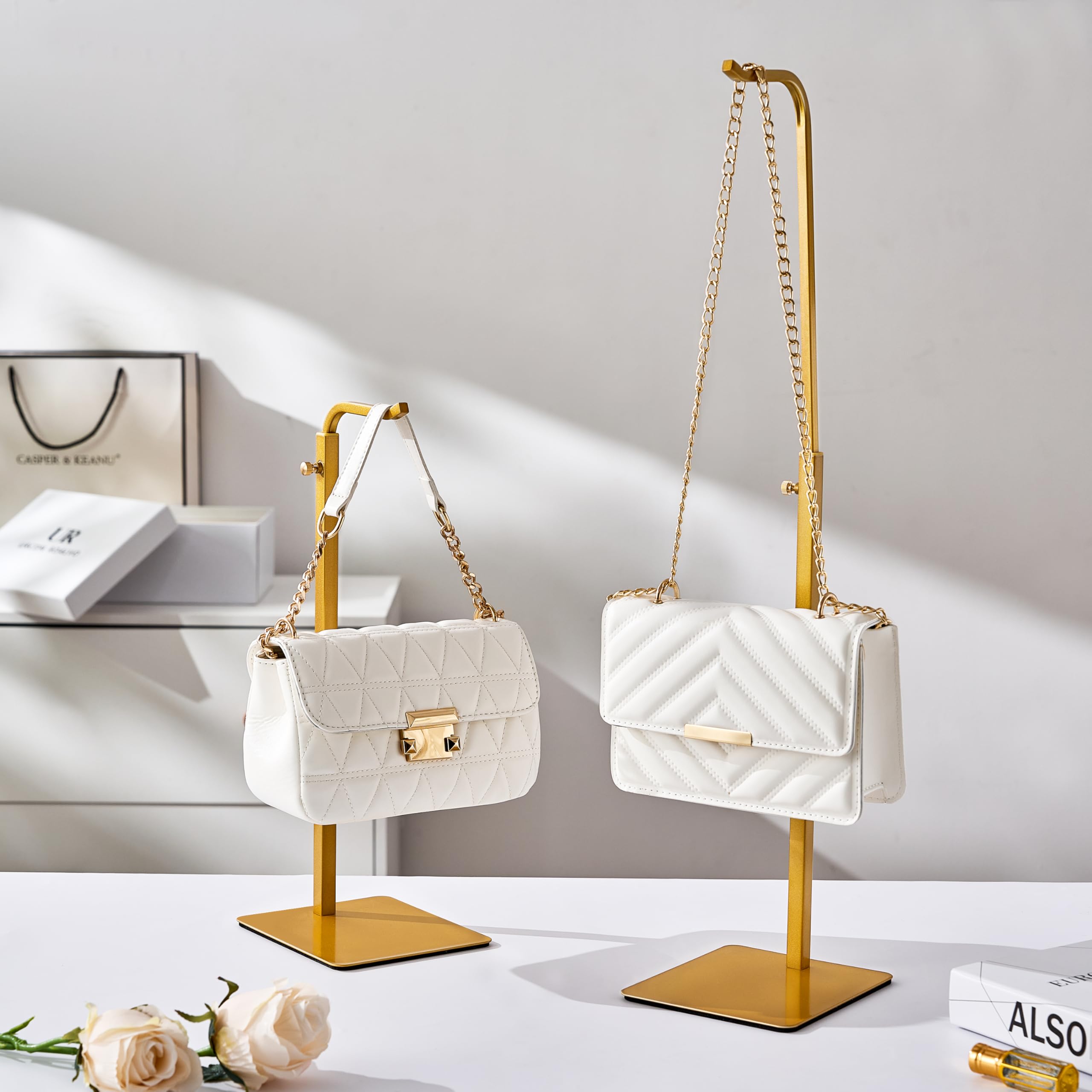 Pickpiff purse display stand in gold, ideal for organized retail and home use.