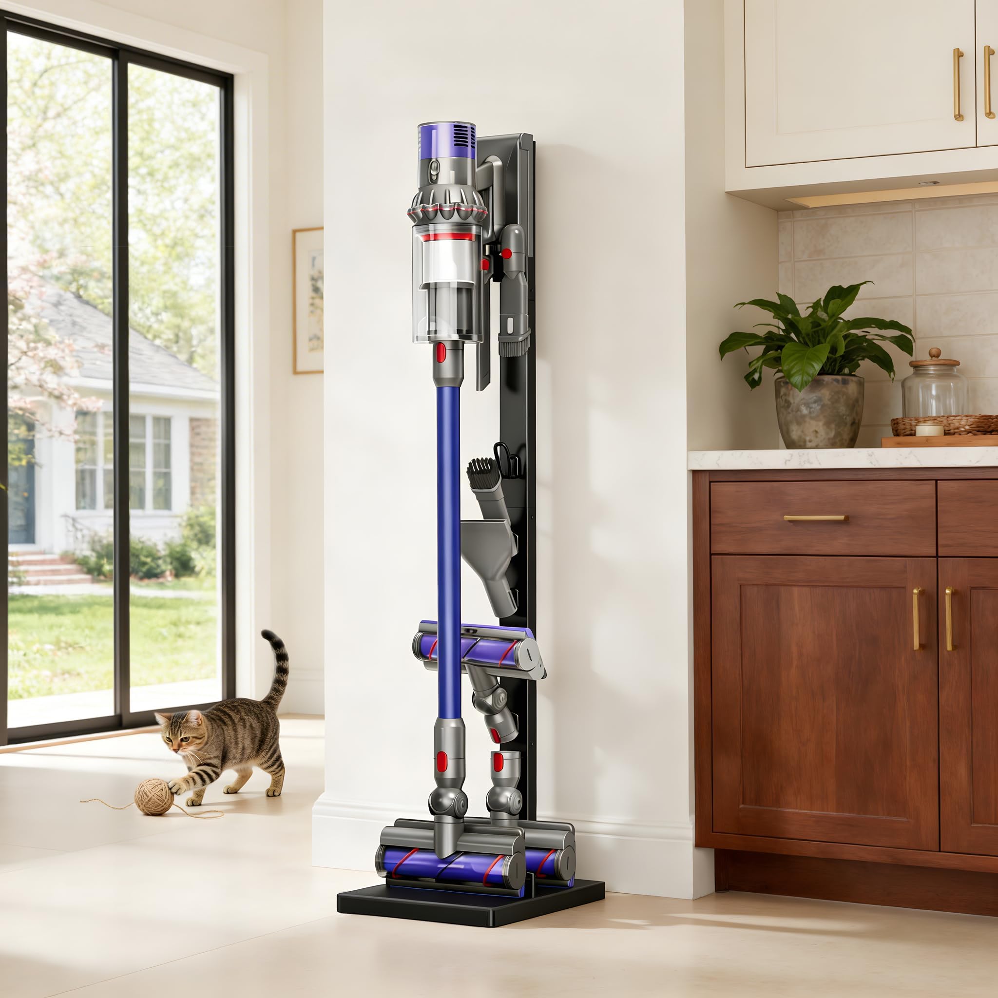 Pickpiff vacuum stand with accessory hooks keeps brushes within reach.