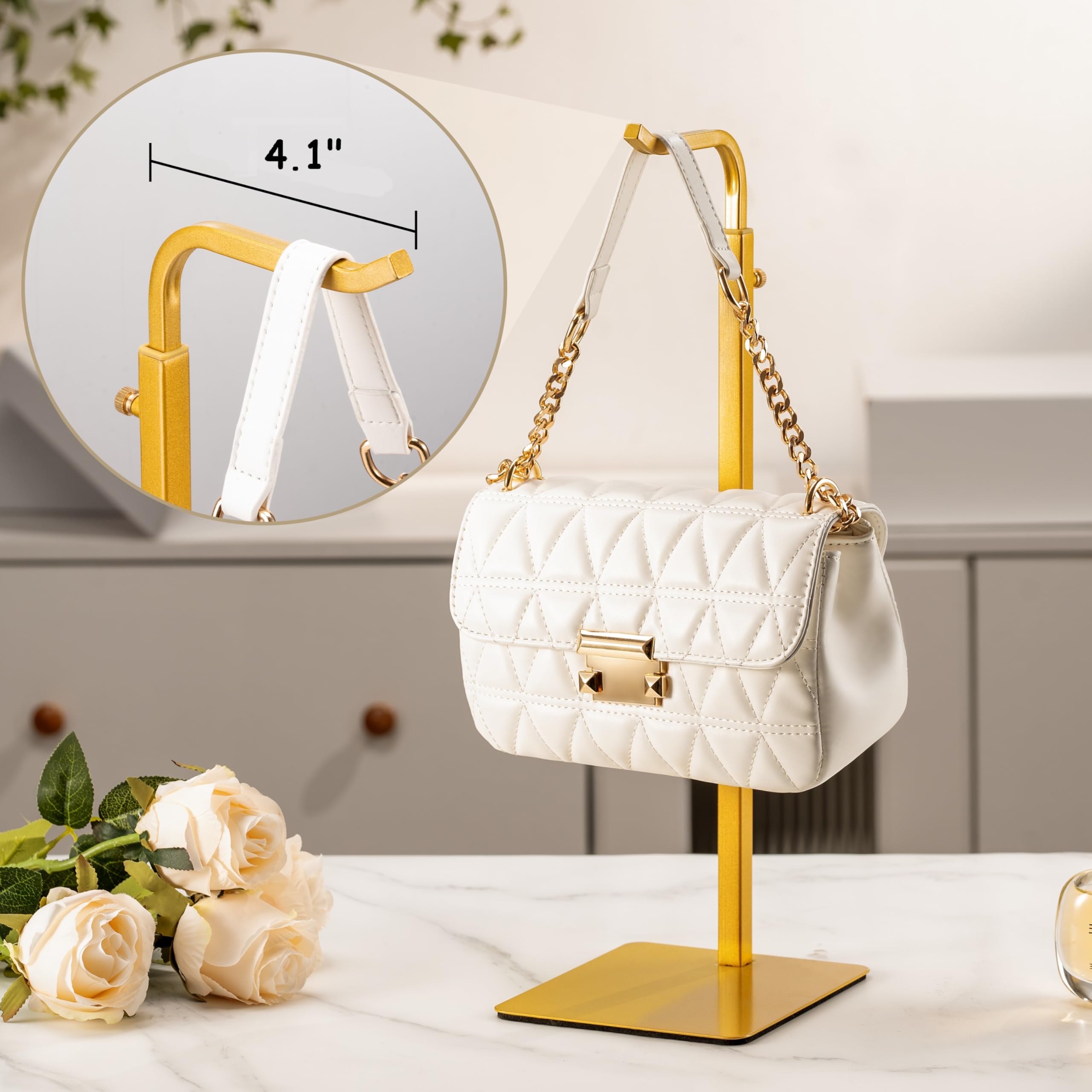 Pickpiff vertical purse stand with metal base provides stable shelf for daily use.