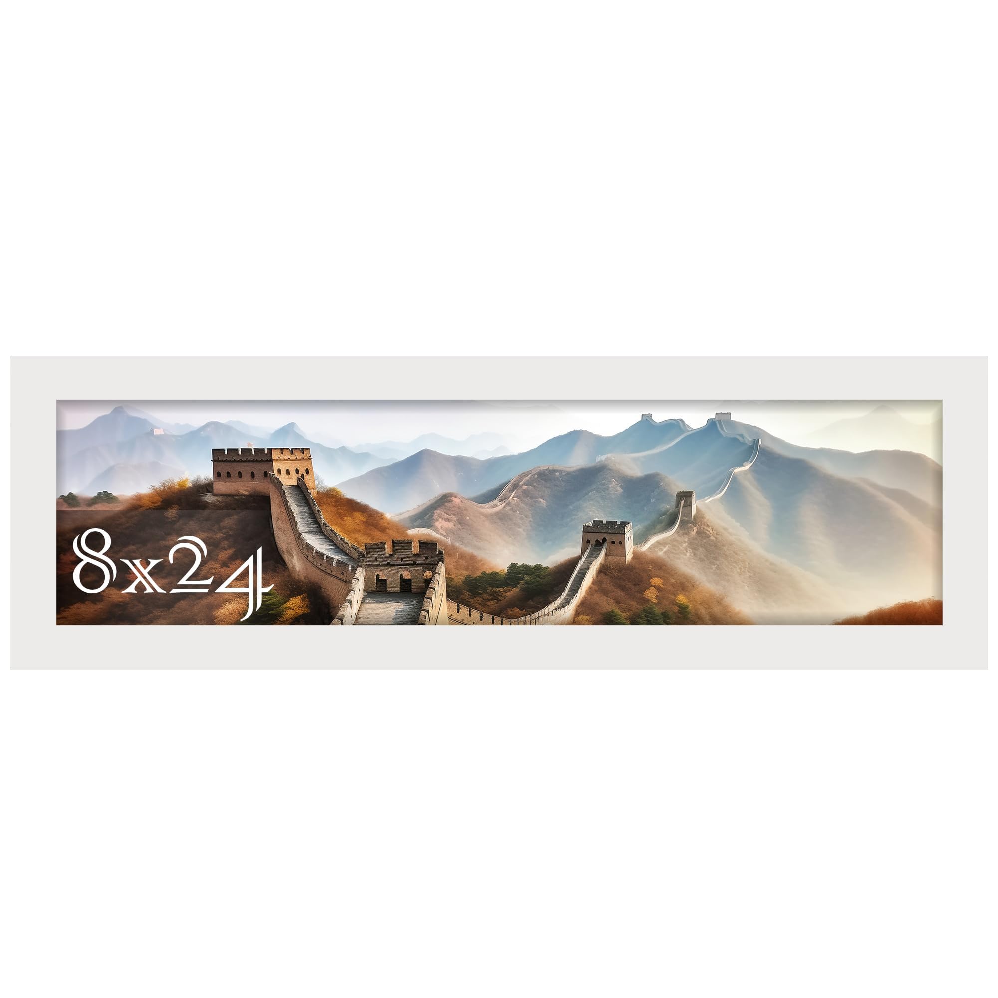 Picrit 8x24 frame front view showing clean white frame and secure display