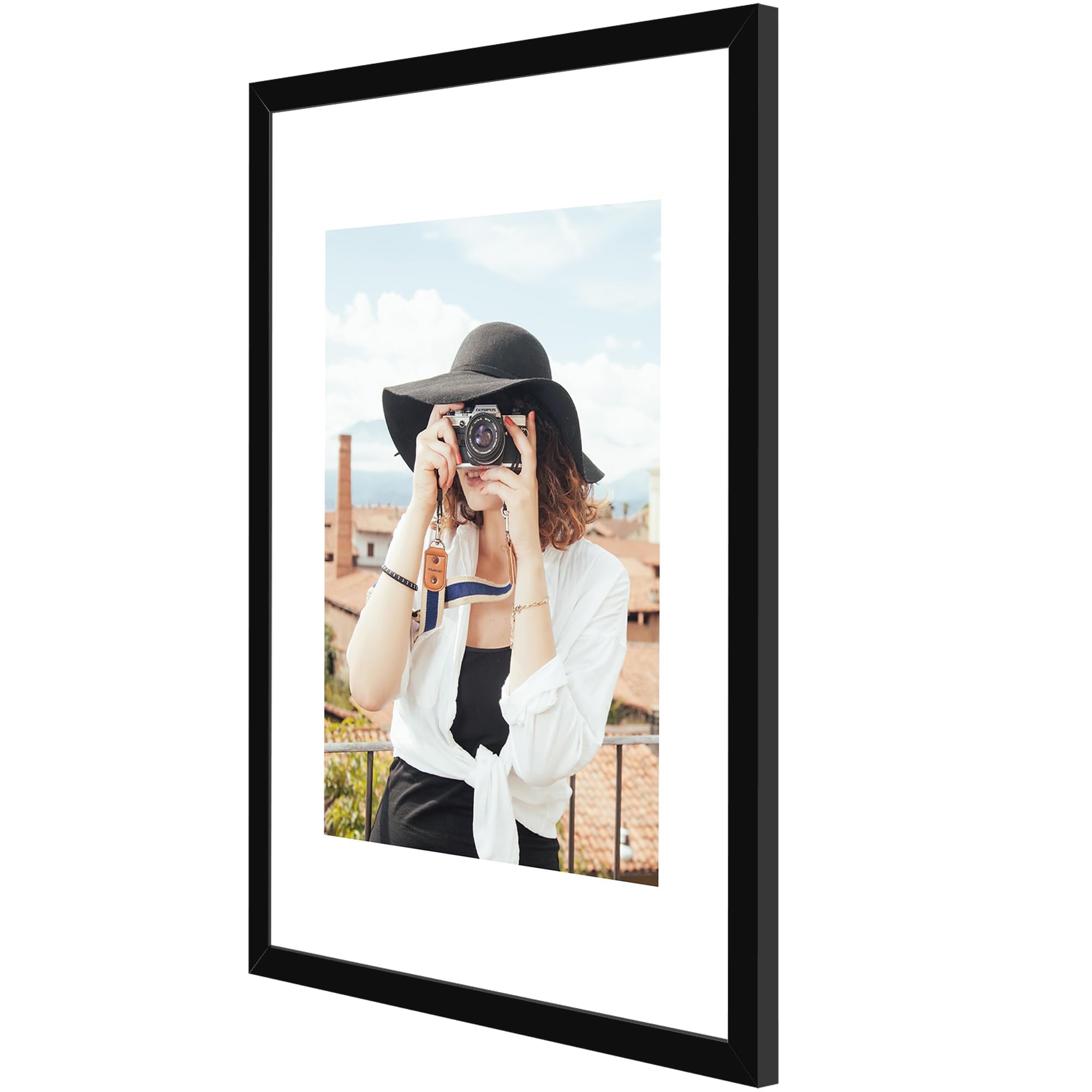 Picrit frame with mat fits 8-5x11 photos securely.