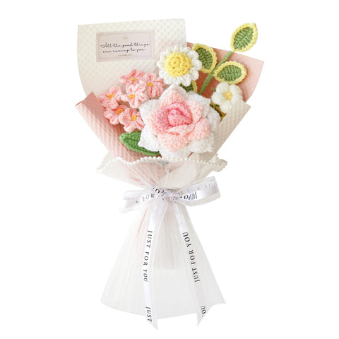Piklado crochet pink rose daisy bouquet close-up showcases handmade petals and lasting color for home decor.