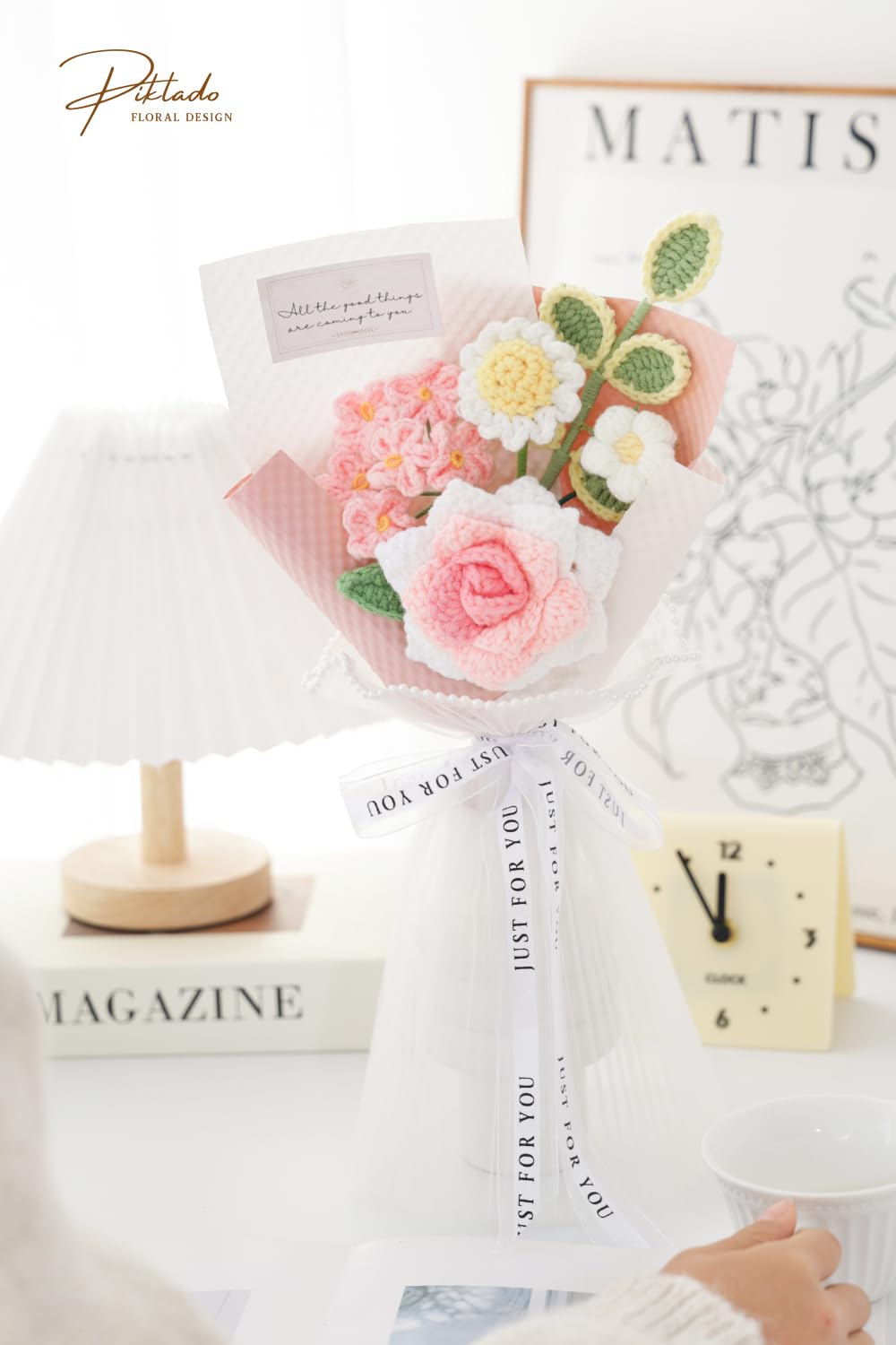 Piklado pink bouquet in living room setting offers long-lasting color with minimal upkeep.