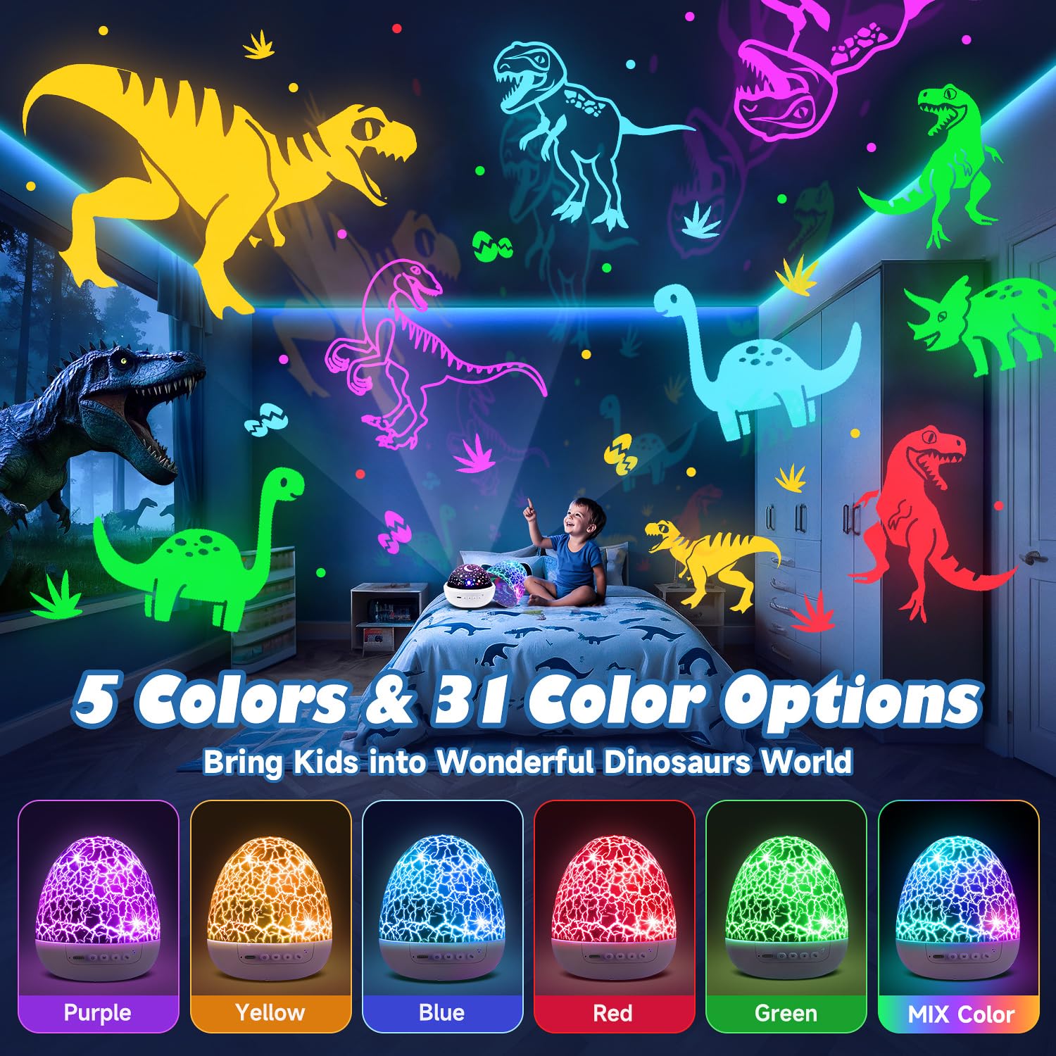 PIKOY dinosaur night light with 31 colors for playful room illumination