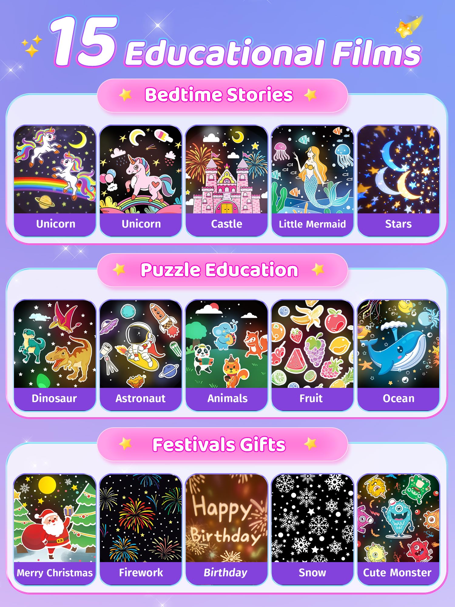 PIKOY Films and Stars Theme shows 15 films for varied bedtime stories.
