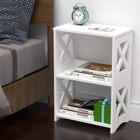 Pikpuk 3-tier storage white table displaying books and remotes neatly.
