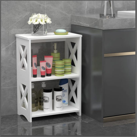 Pikpuk bathroom shelf white holding toiletries on a waterproof surface.