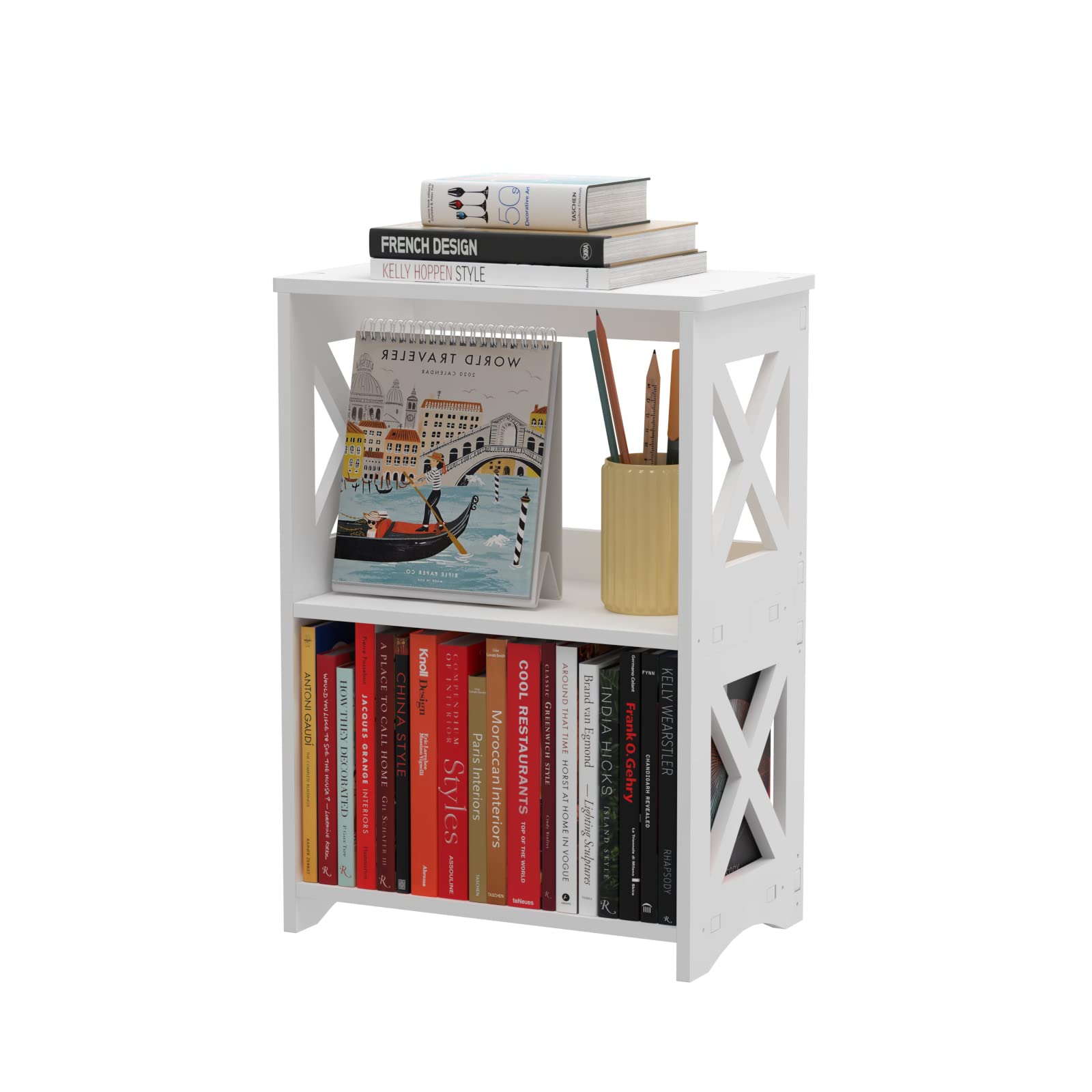 Pikpuk side table with narrow storage shelf in white, ideal for compact living spaces.