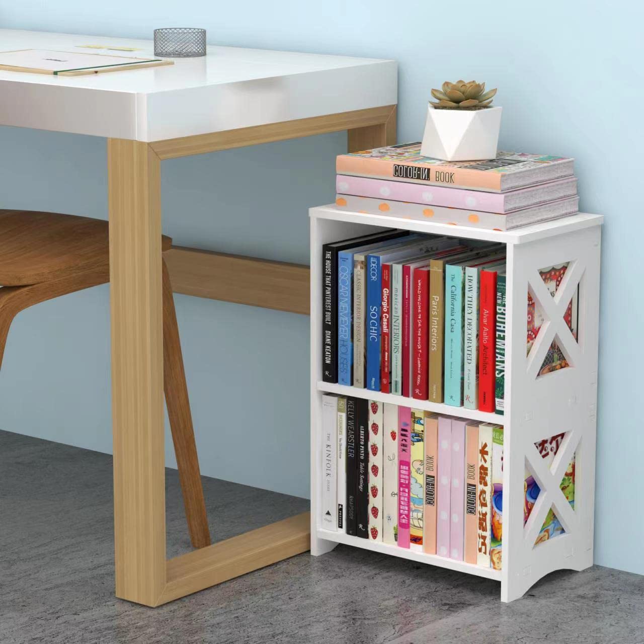 Pikpuk office compact white table adds extra workspace without crowding.
