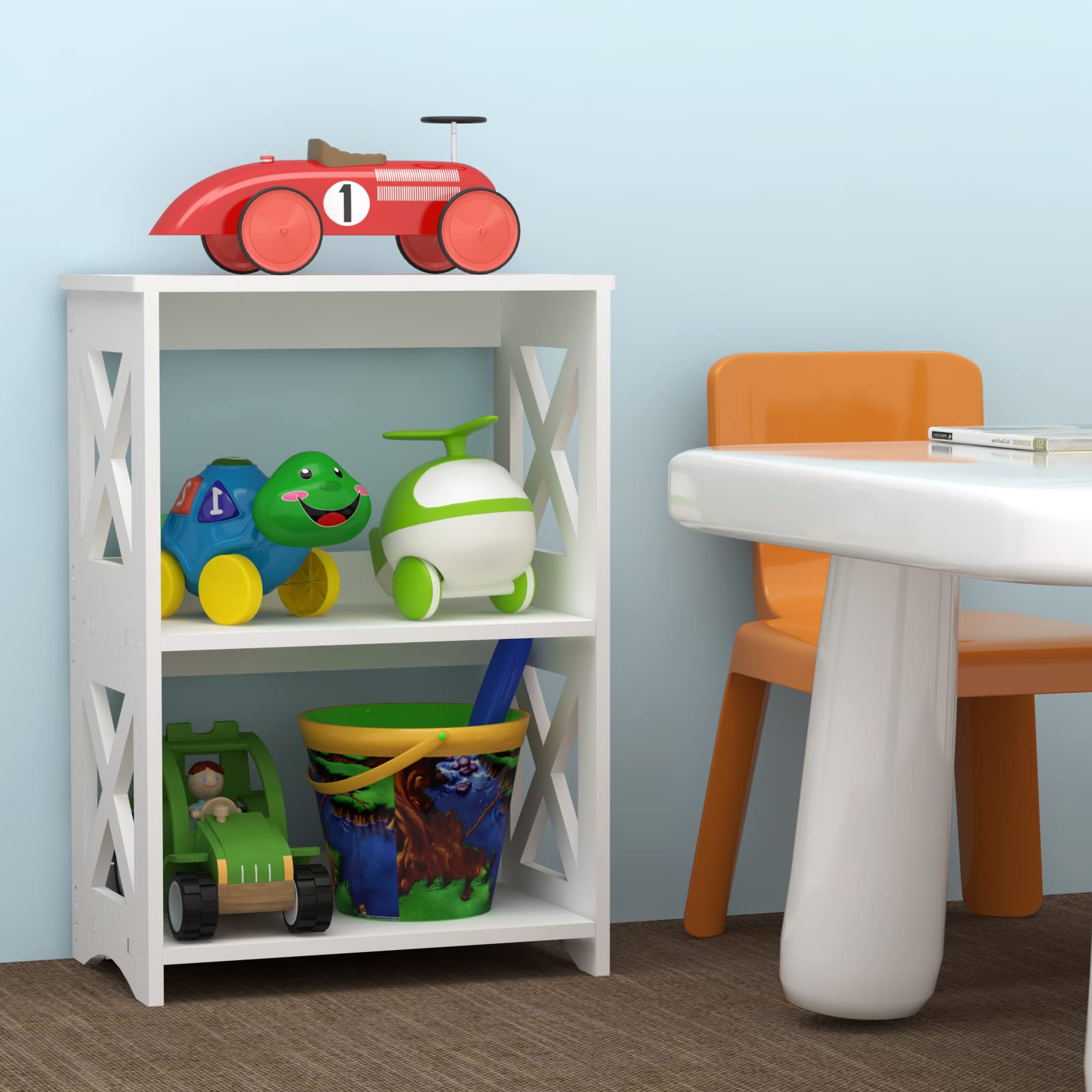 Pikpuk small book shelf white unit helps organize magazines and notebooks.