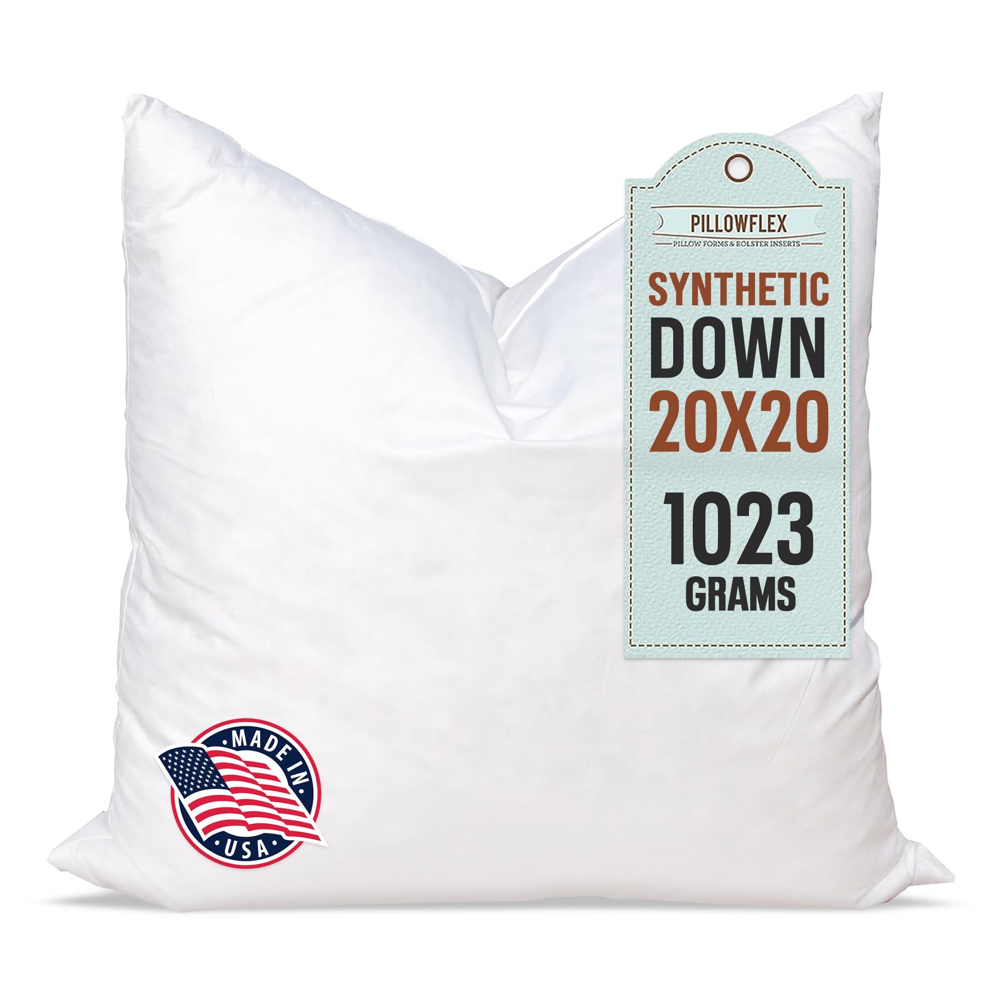 Pillowflex 20x20 synthetic down insert in bed, plush and versatile for shams.