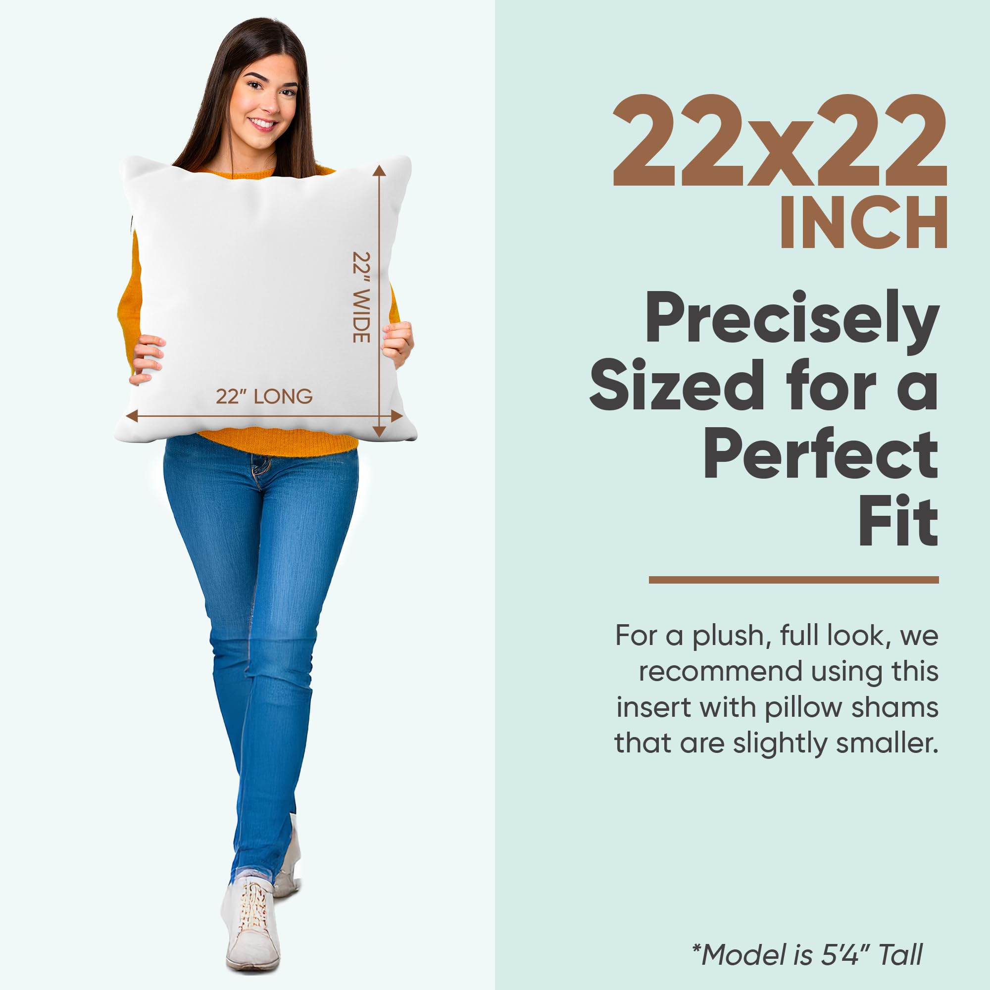Pillowflex ultra-soft insert 22x22, side view, enhances sofa decor with cloud-like comfort.