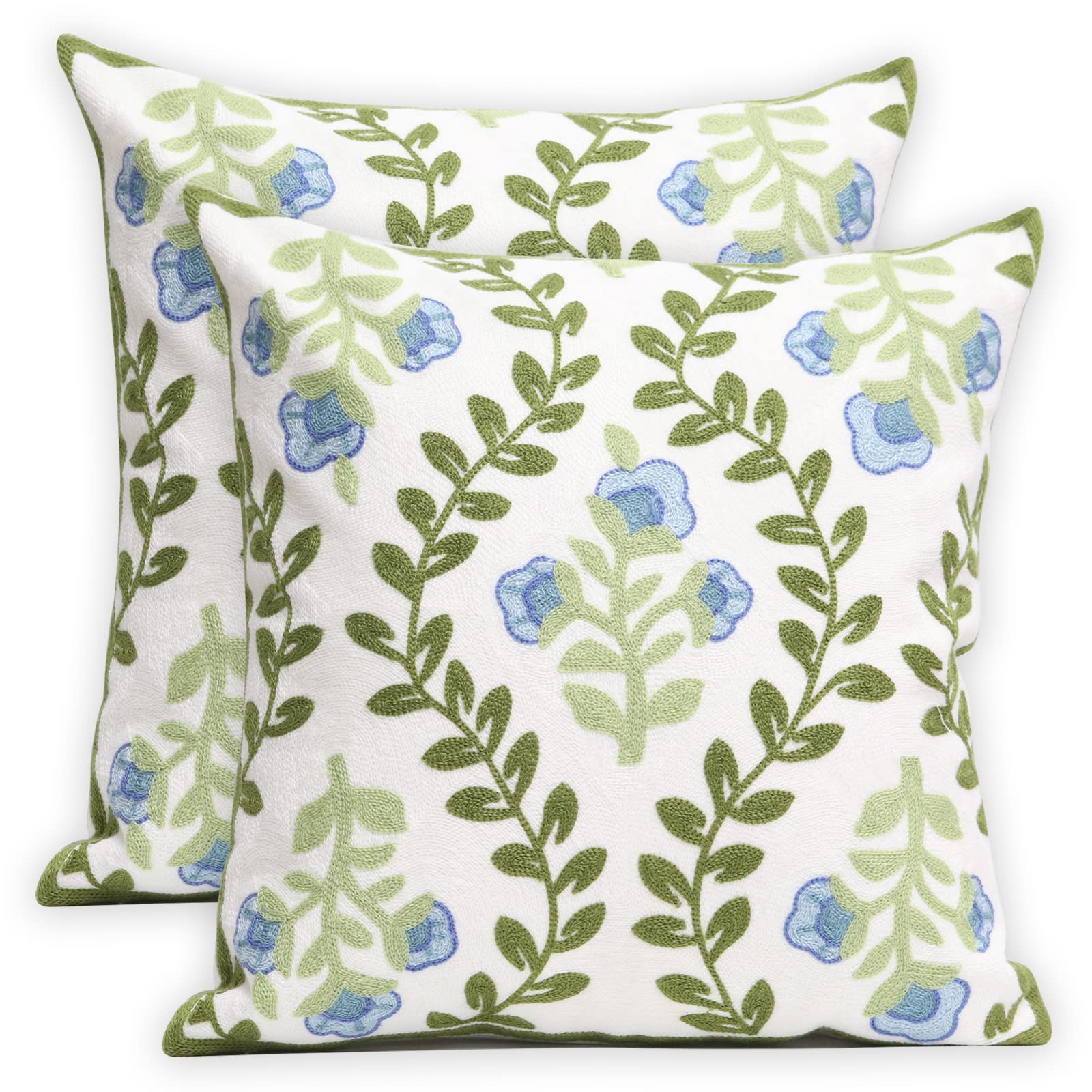 Pilmandu blue floral embroidered pillow cover with detailed stitching for chic living room decor.