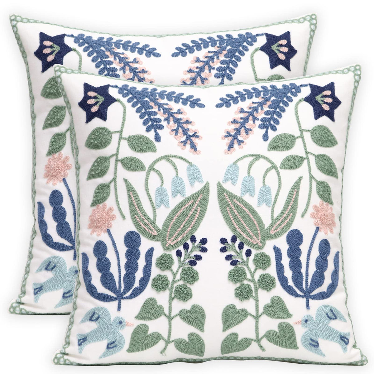 Pilmandu embroidered pillow cover front floral bird design enhances living room decor.