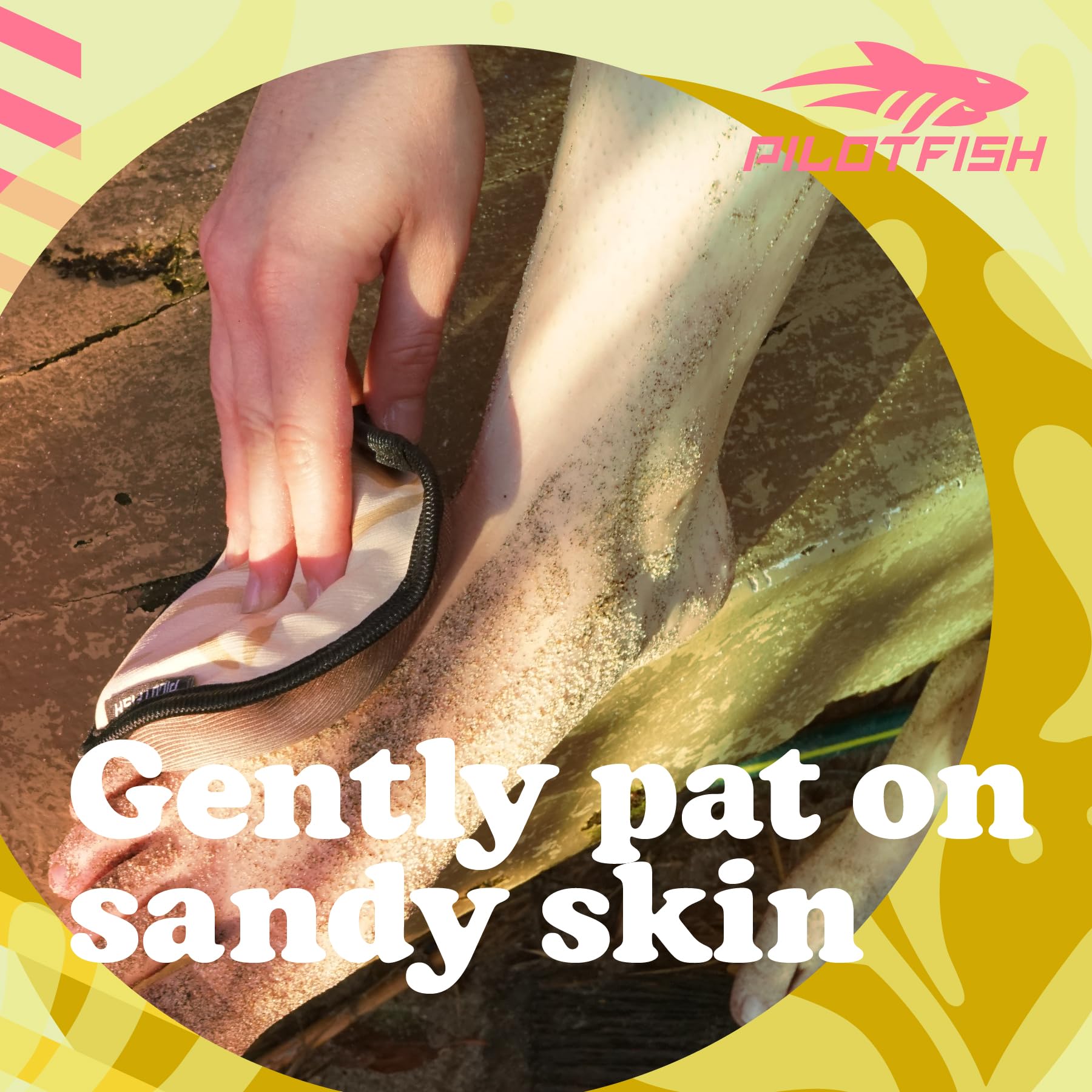 Pilotfish sand remover bag in use on feet after beach day for clean, comfortable skin