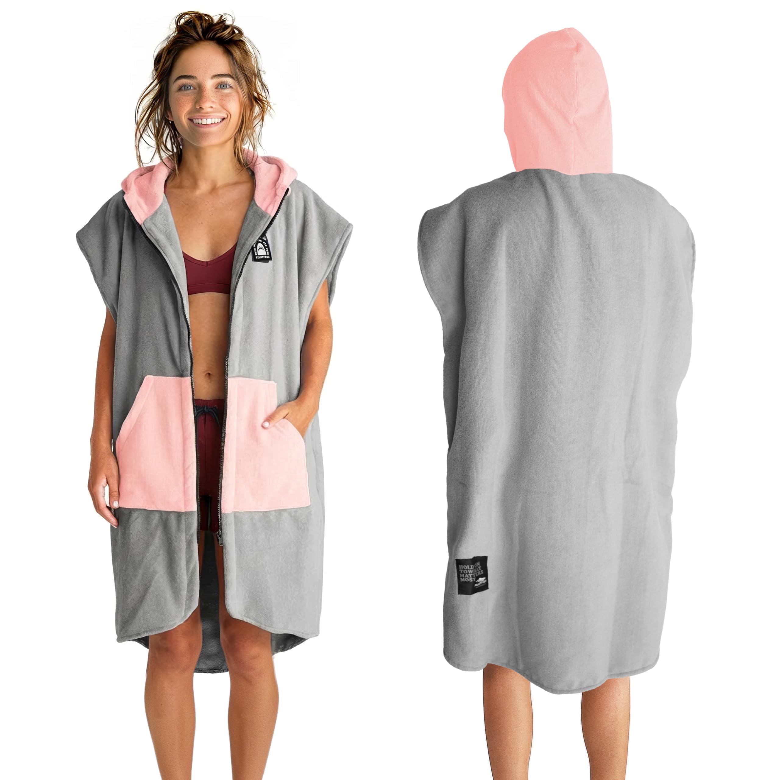 Pilotfish Surf Poncho hooded towel in gray and pink offers quick dry comfort after water activities.