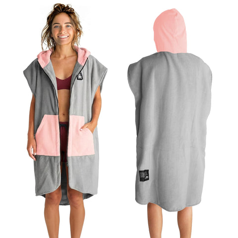 Pilotfish Surf Poncho hooded towel in gray and pink offers quick dry comfort after water activities.