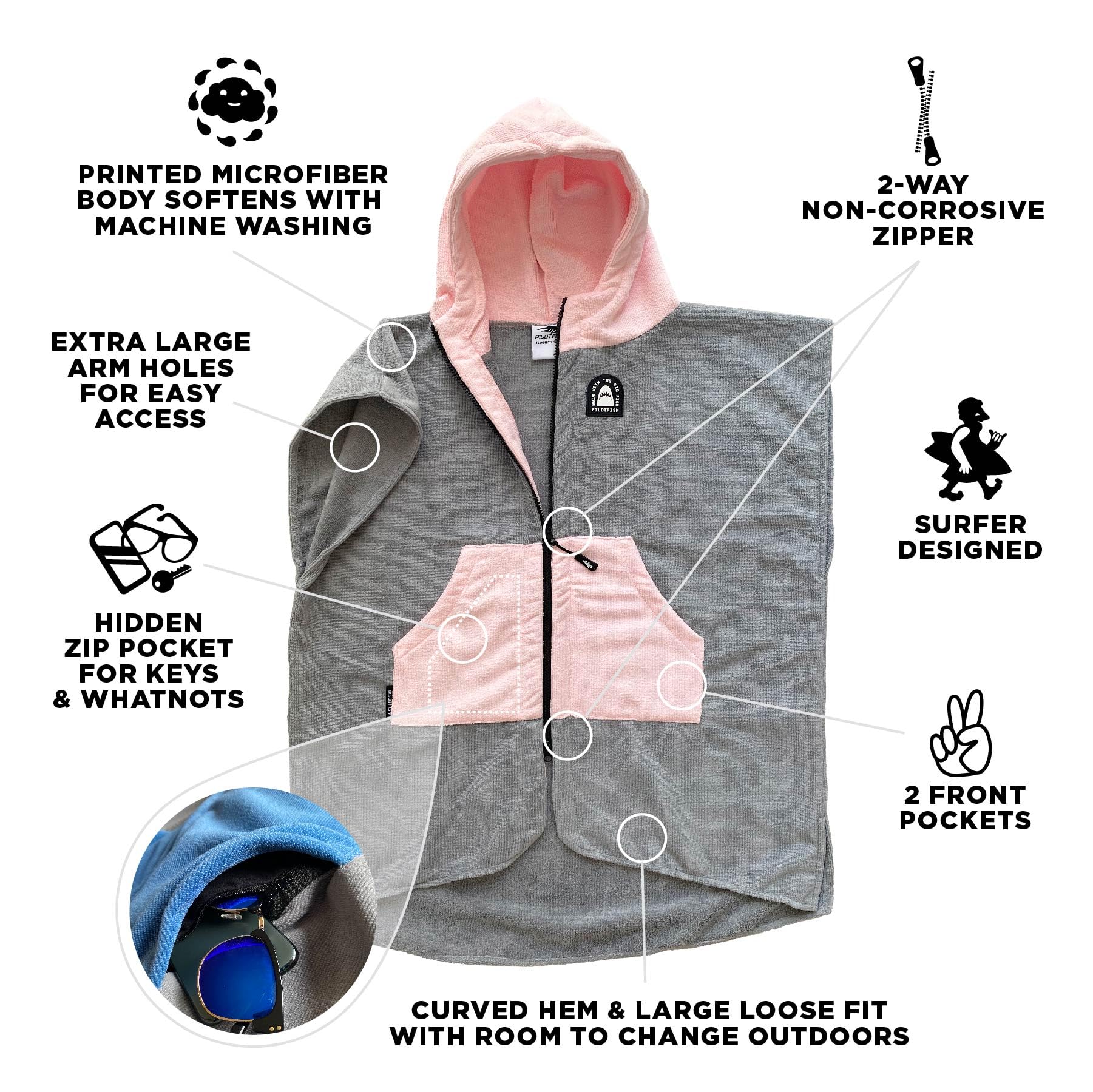 Pilotfish Surf Poncho kangaroo pockets offer warm hands and storage.