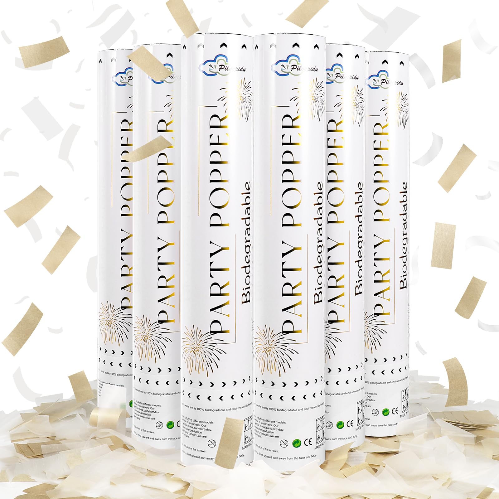 Pilvepidu white mix gold rice confetti cannon 12-inch pop for weddings.