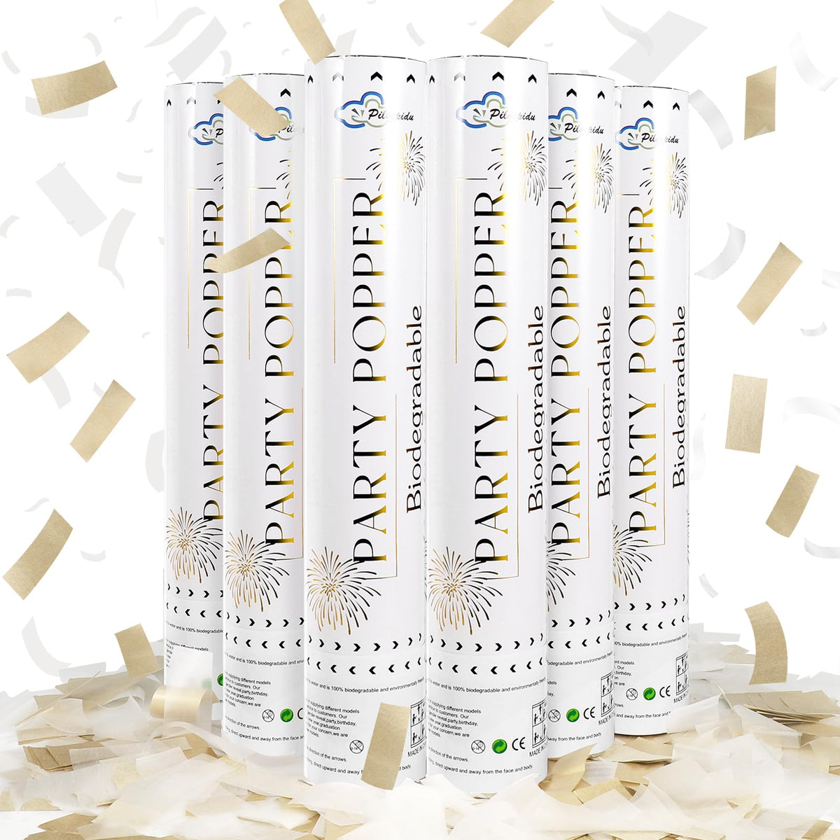 Pilvepidu white mix gold rice confetti cannon 12-inch pop for weddings.