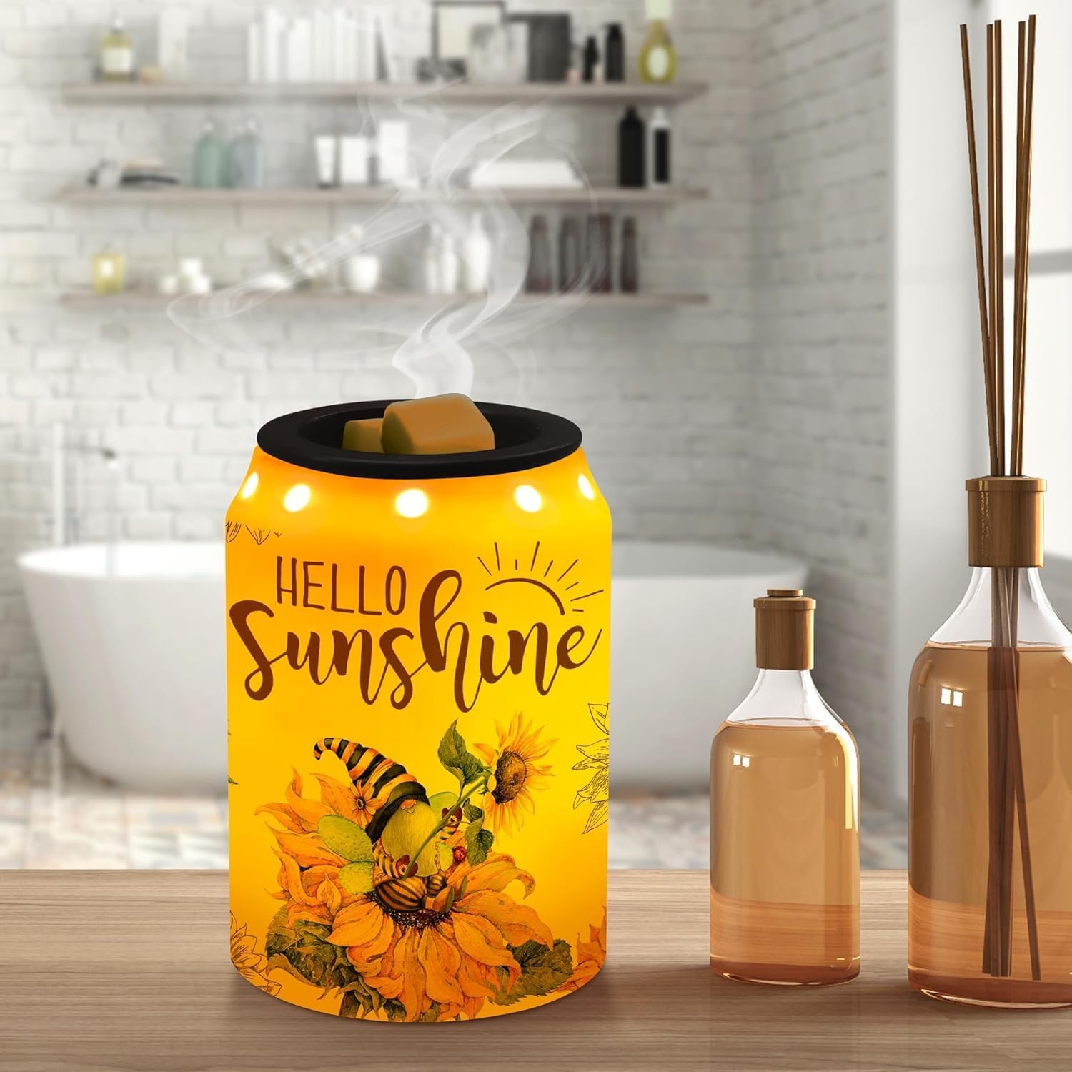 Pinata hello sunshine gnome decor highlights bright sunflowers and a cozy aroma.