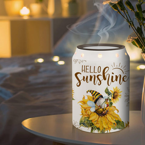 Pinata sunflower wax melt warmer on a living room table refreshing the air.