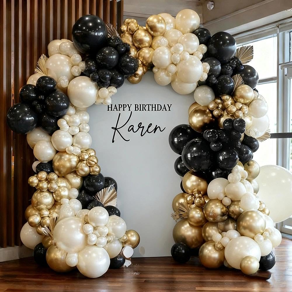 Pinbra black white gold balloon garland arch kit with complete setup components.