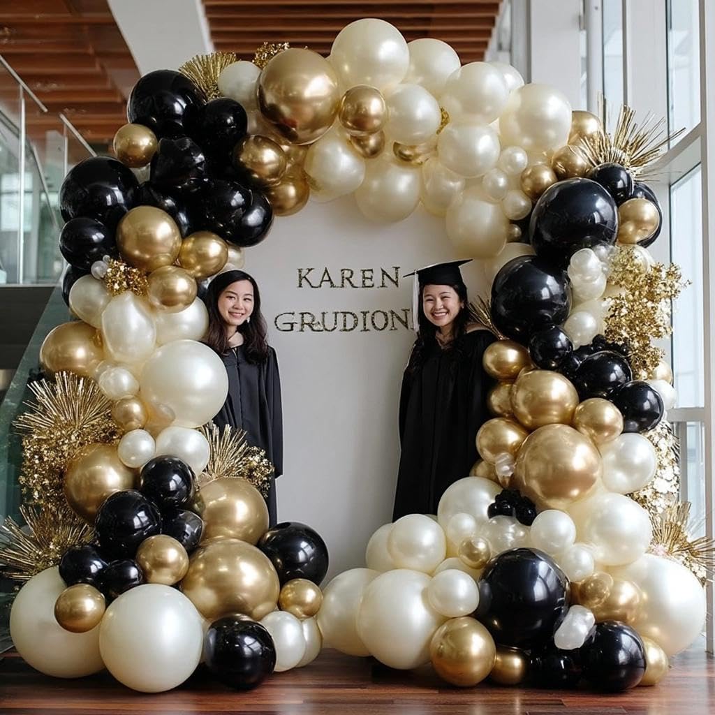 Pinbra double stuffed balloons close-up highlights pearl white and champagne gold.