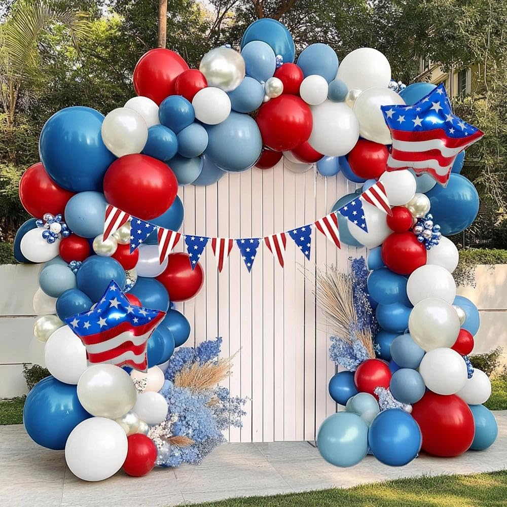Pinbra red blue white balloon garland enhances party backdrop for photos.