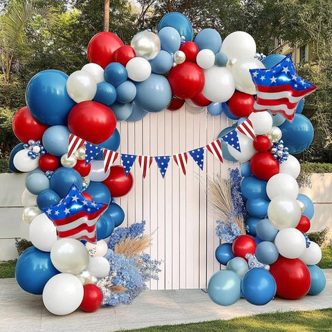 Pinbra red blue white balloon garland enhances party backdrop for photos.