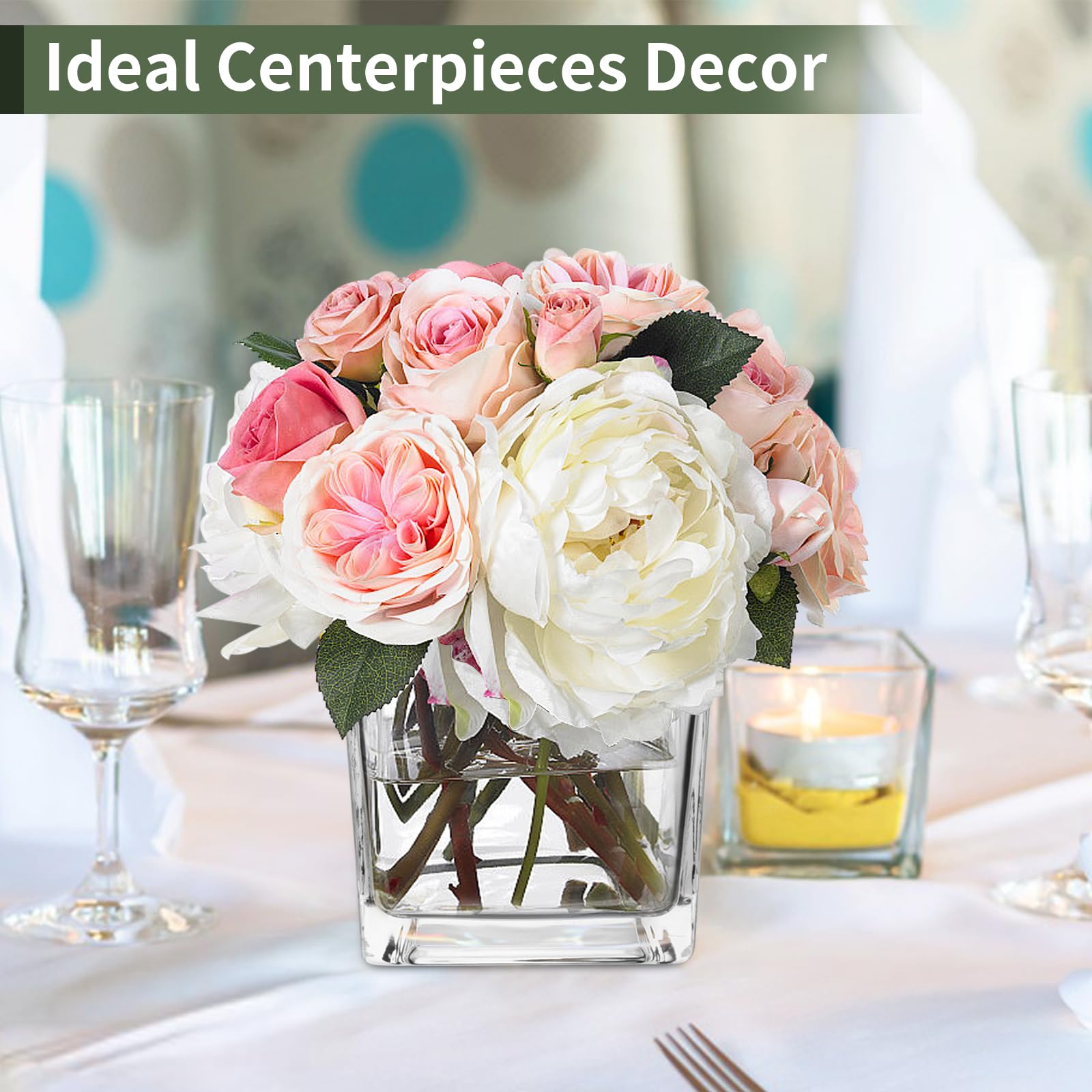 Wedding centerpiece setup featuring PINIWON square vases in a cluster.