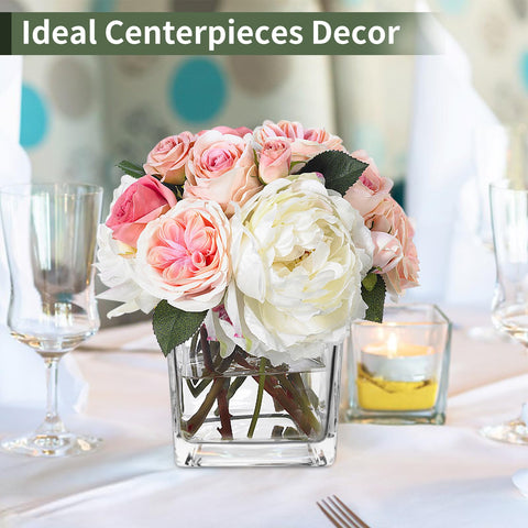 Wedding centerpiece setup featuring PINIWON square vases in a cluster.