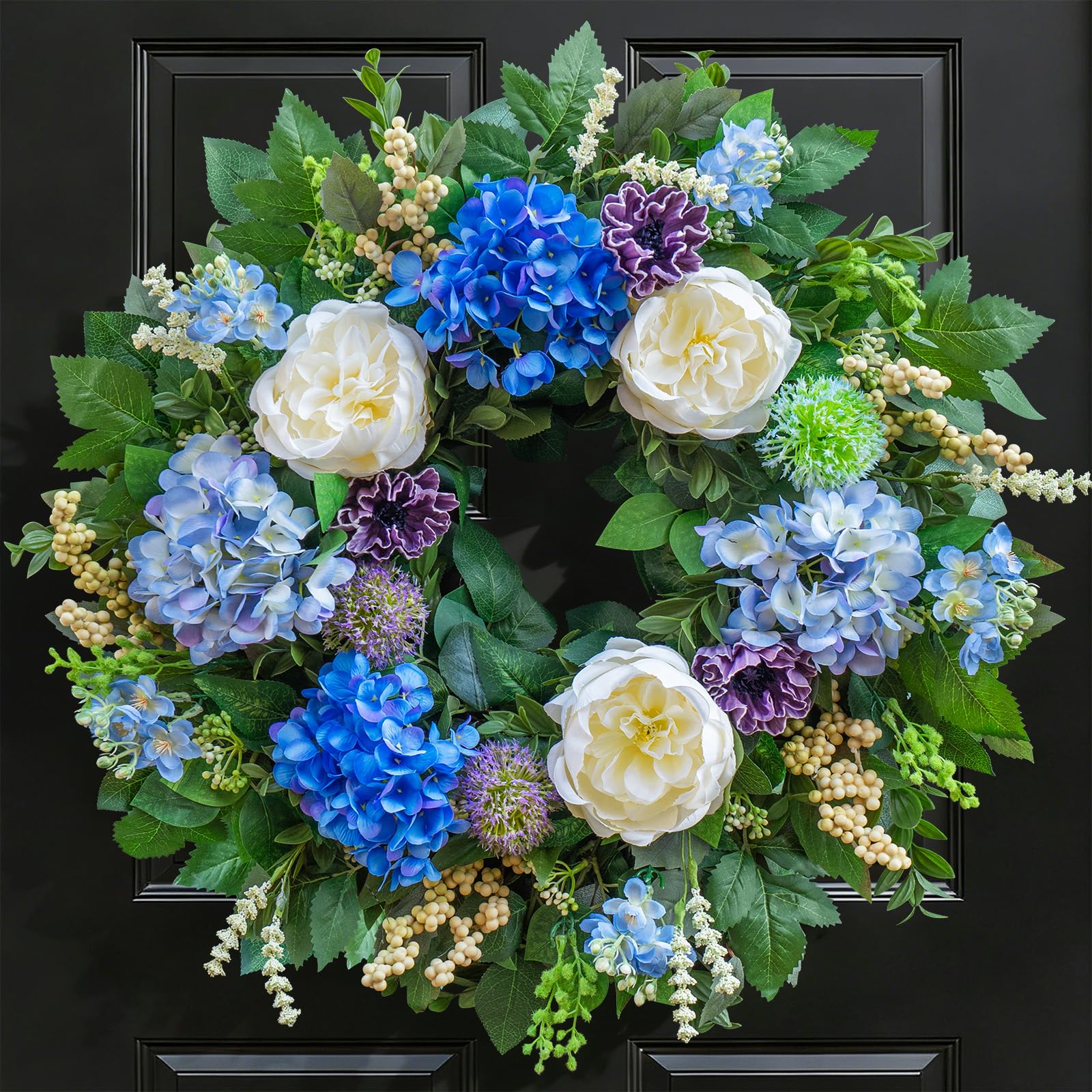 Pinkpuii 26-inch spring wreath with blue hydrangeas for front door decor