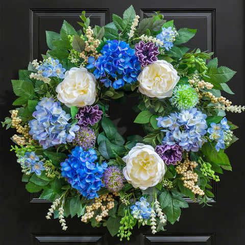 Pinkpuii 26-inch spring wreath with blue hydrangeas for front door decor