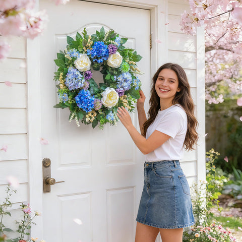 Pinkpuii front-door wreath with white peonies elevates entryway decor