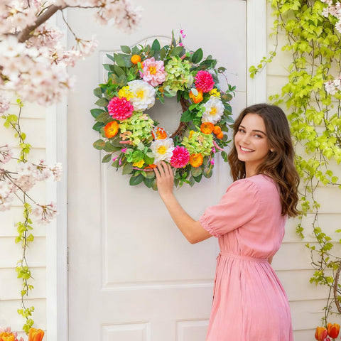 Pinkpuii peonies and hydrangeas create soft entryway color