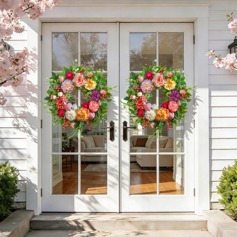Pinkpuii Spring Wreath with dahlias, roses, and pink hydrangeas for warmth