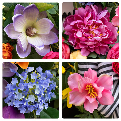 Pinkpuii Spring Wreath blue hydrangeas and yellow tulips provide cheerful color.