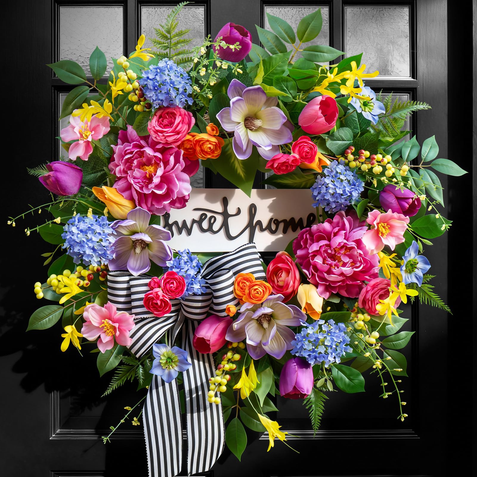 Pinkpuii Spring Wreath close-up blooms add vibrant front door appeal.
