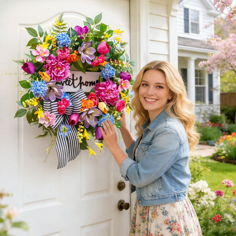 Pinkpuii Spring Wreath pink peonies and roses brighten the entryway.