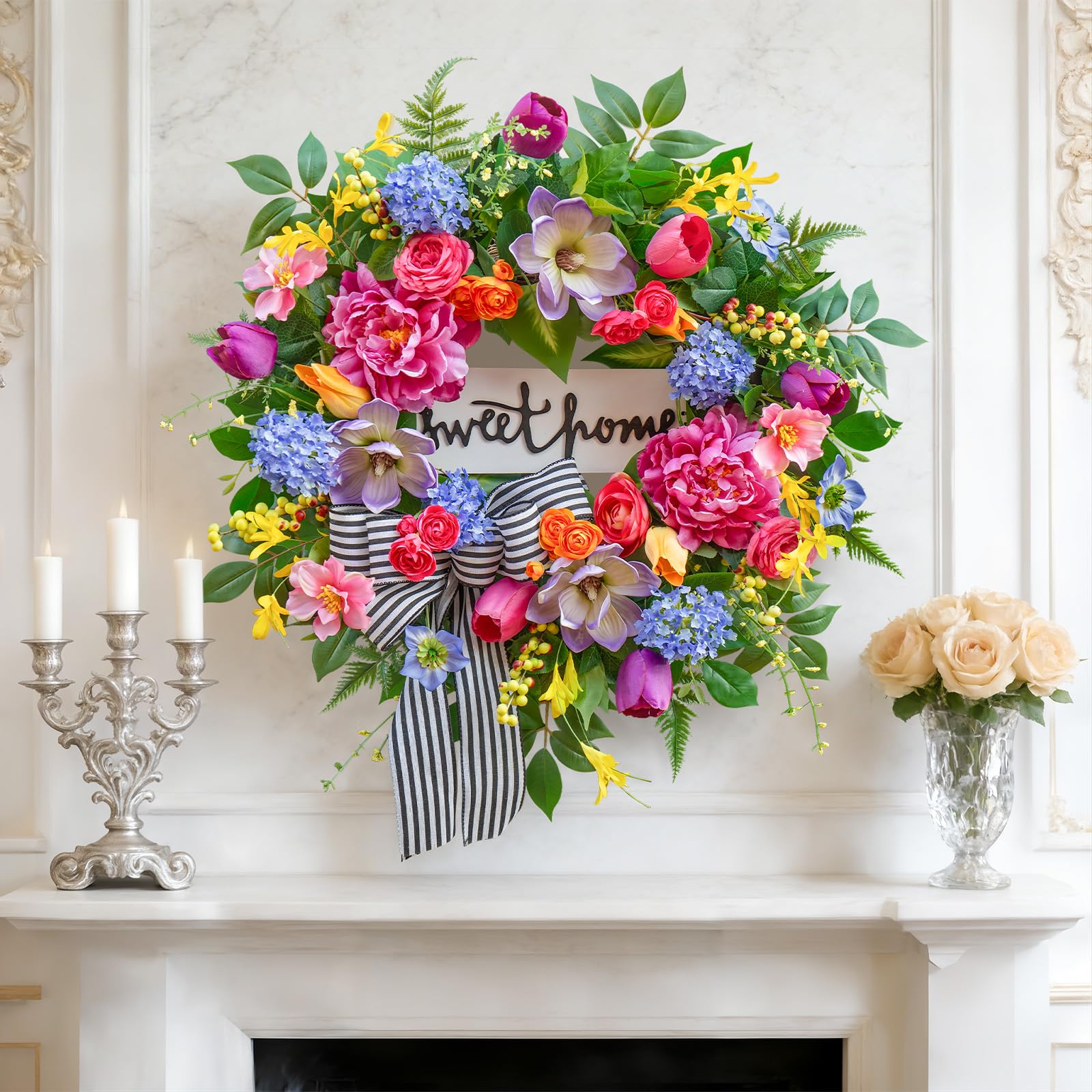 Pinkpuii Spring Wreath striped bow detail adds farmhouse charm.