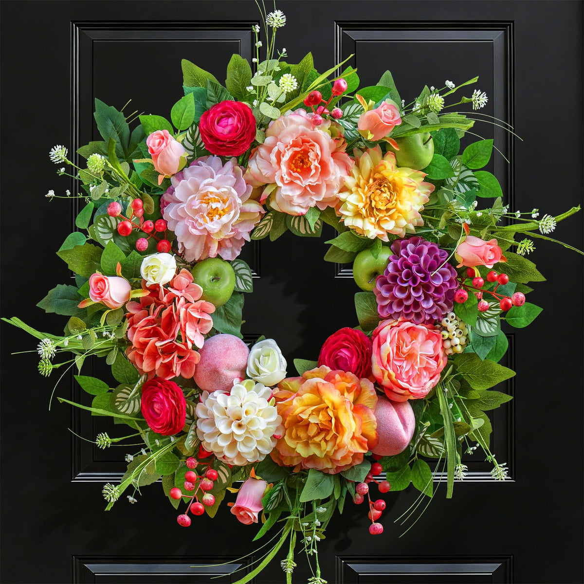 Pinkpuii Spring Wreath on front door with lush blooms for welcoming curb appeal