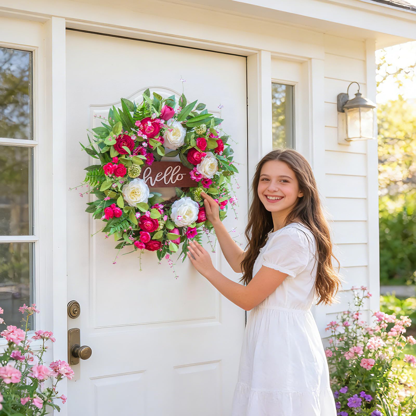 Pinkpuii Spring Wreath on front door, a vibrant first impression for guests.