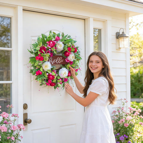 Pinkpuii Spring Wreath on front door, a vibrant first impression for guests.