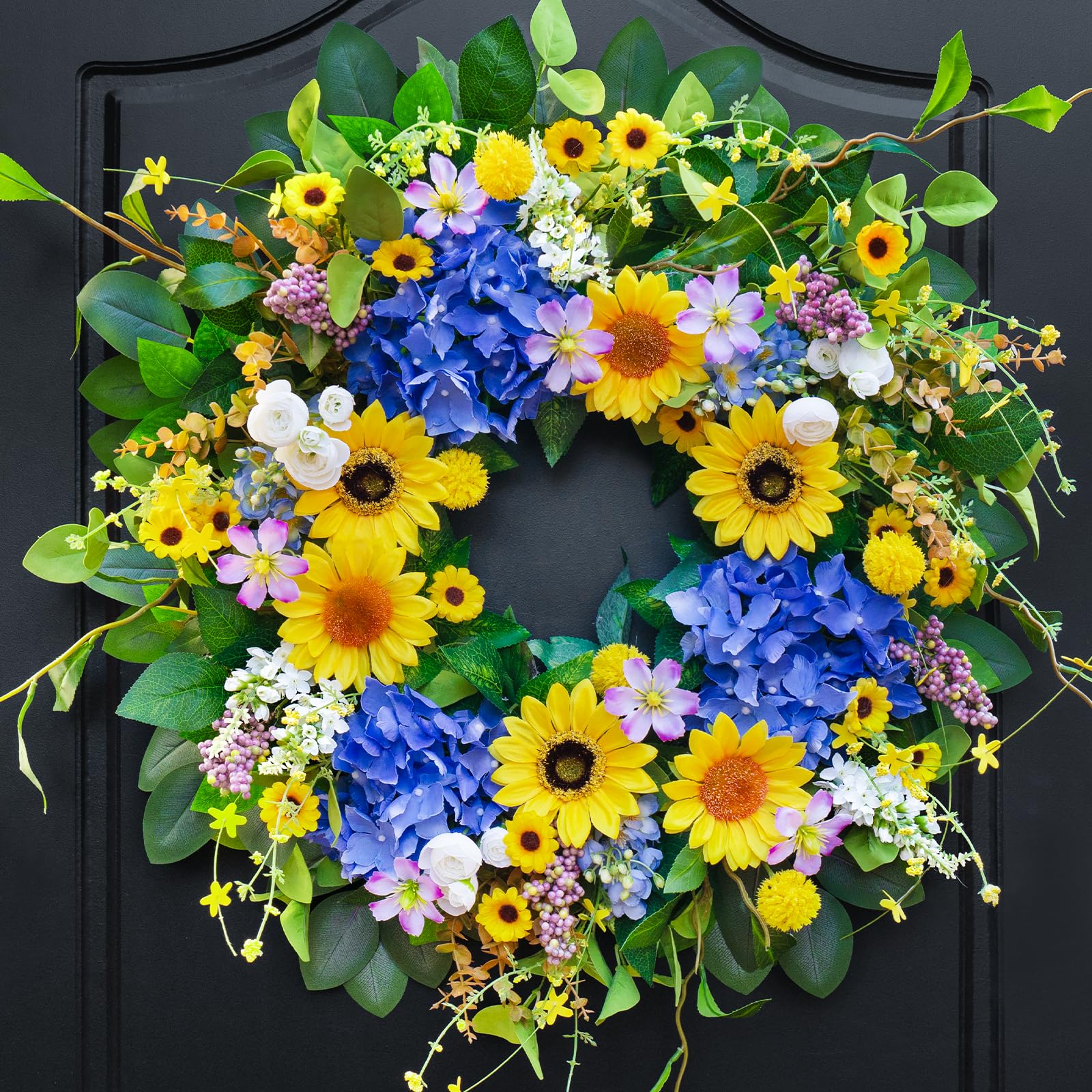 Pinkpuii 24-inch spring wreath with sunflowers and blue hydrangea for bright entryway decor
