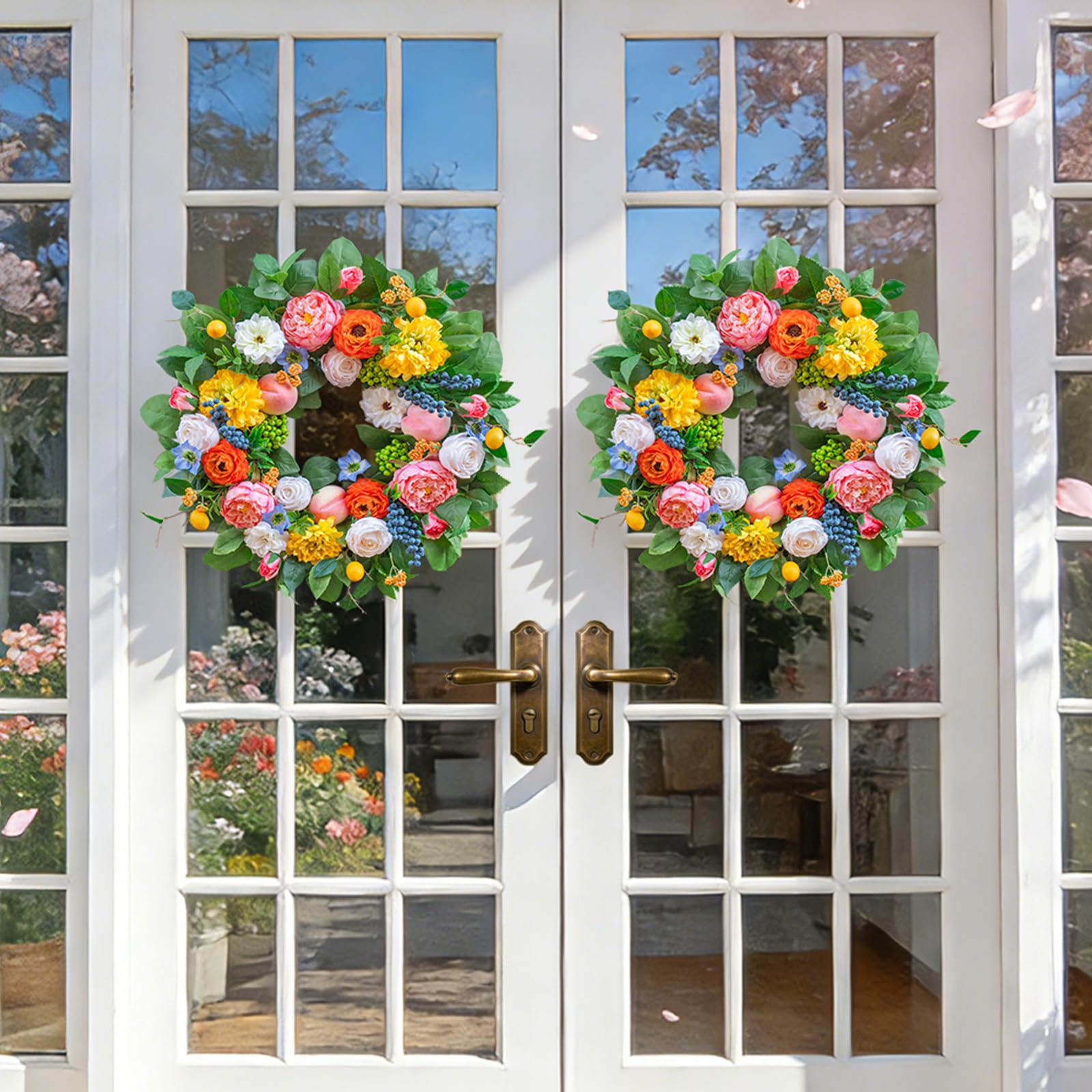 Full, lush wreath made from premium materials for durable indoor or outdoor display.