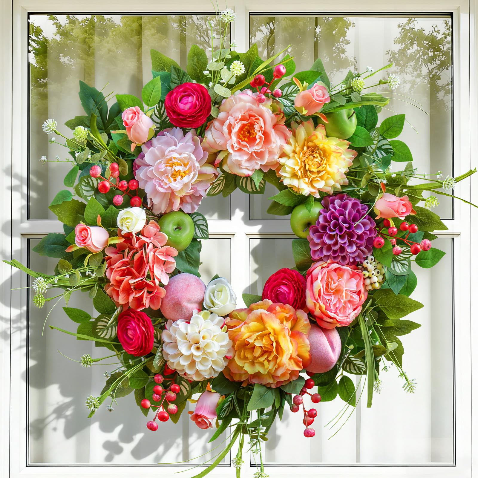 Pinkpuii Spring Wreath hanging on door to enhance entryway decor