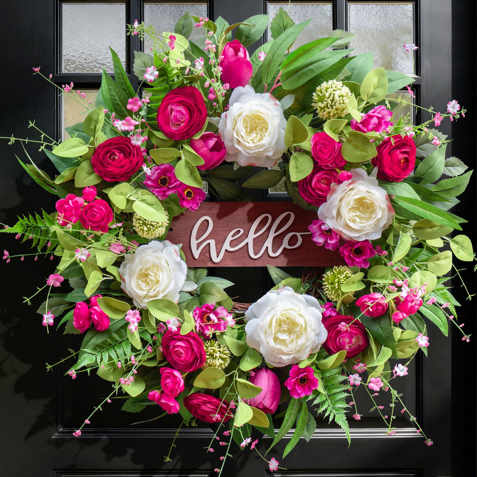 Pinkpuii Spring Wreath close-up with pink peonies and Hello sign, perfect welcoming decor.
