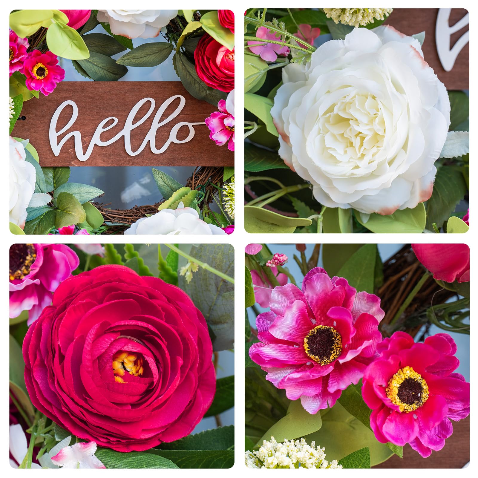 Pinkpuii wreath detail with pink peonies and white roses, lush texture and color.