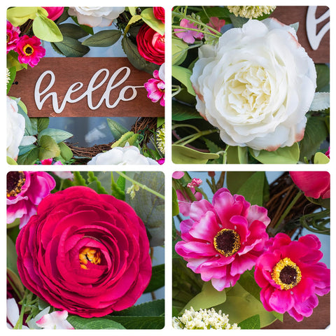 Pinkpuii wreath detail with pink peonies and white roses, lush texture and color.